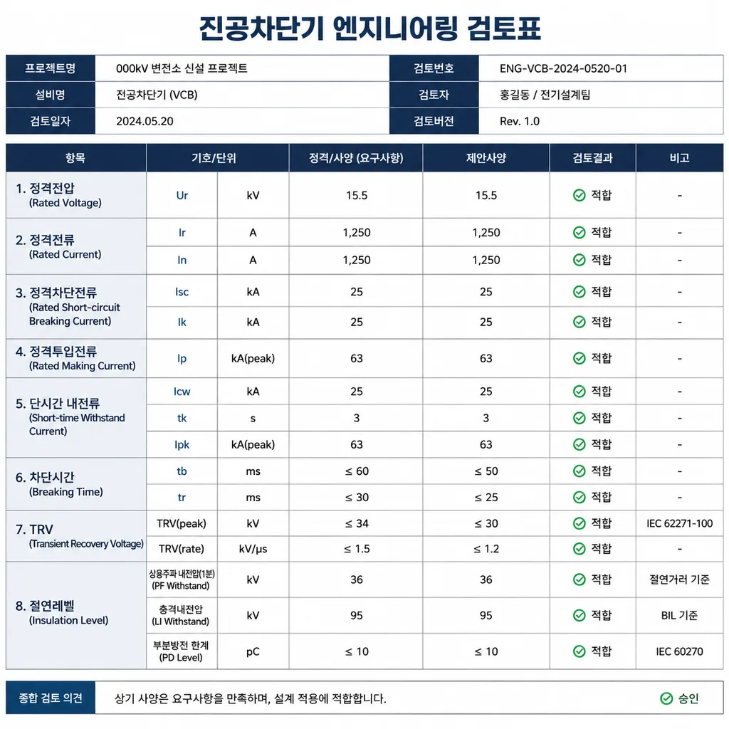 고전압 차단기 정격전압 정격전류 차단전류 검토표