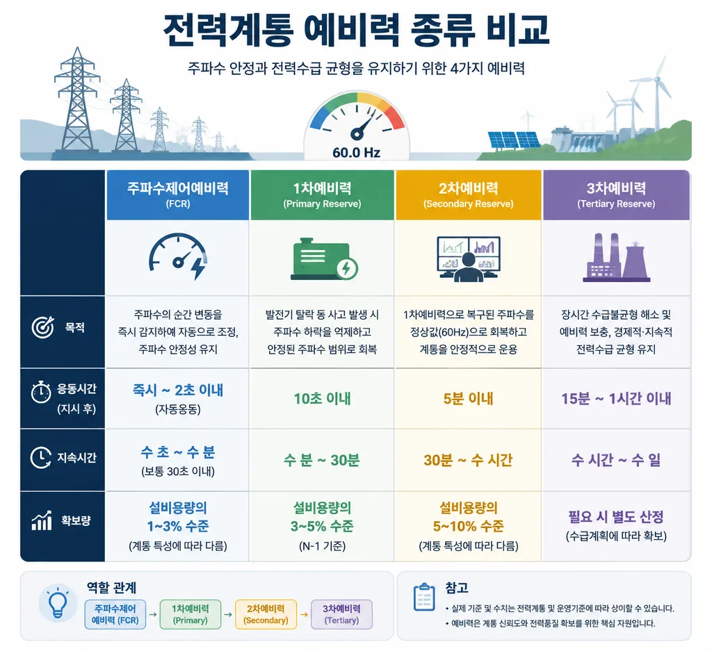 주파수제어예비력과 1차 2차 3차예비력 비교